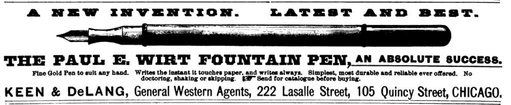 First ad for Paul E. Wirt fountain pens from American Stationer 1886